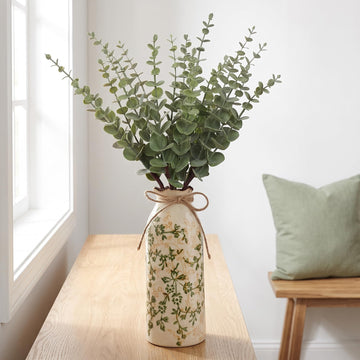 Farmhouse Artificial Eucalyptus Stems in Vintage Ceramic Vase Set (Green)