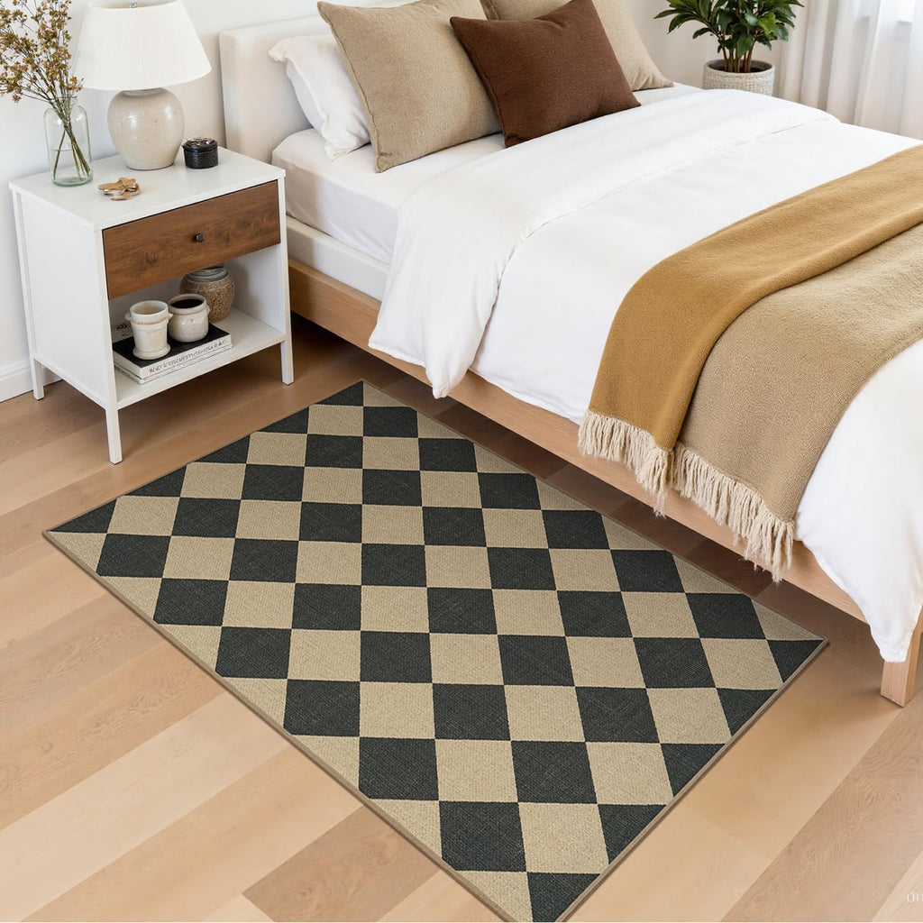 Checkered Outdoor Patio Rug, Washable Easy Jute