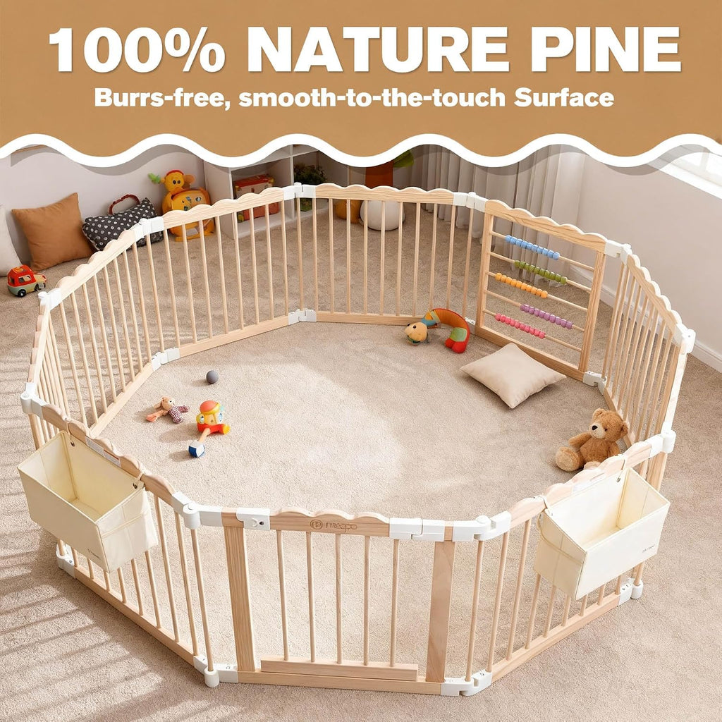 Foldable Wooden Baby Playpen, Adjustable Safety Playpen, 86x57x25in | Adjustable Shape & Size with 2-Pack Storage