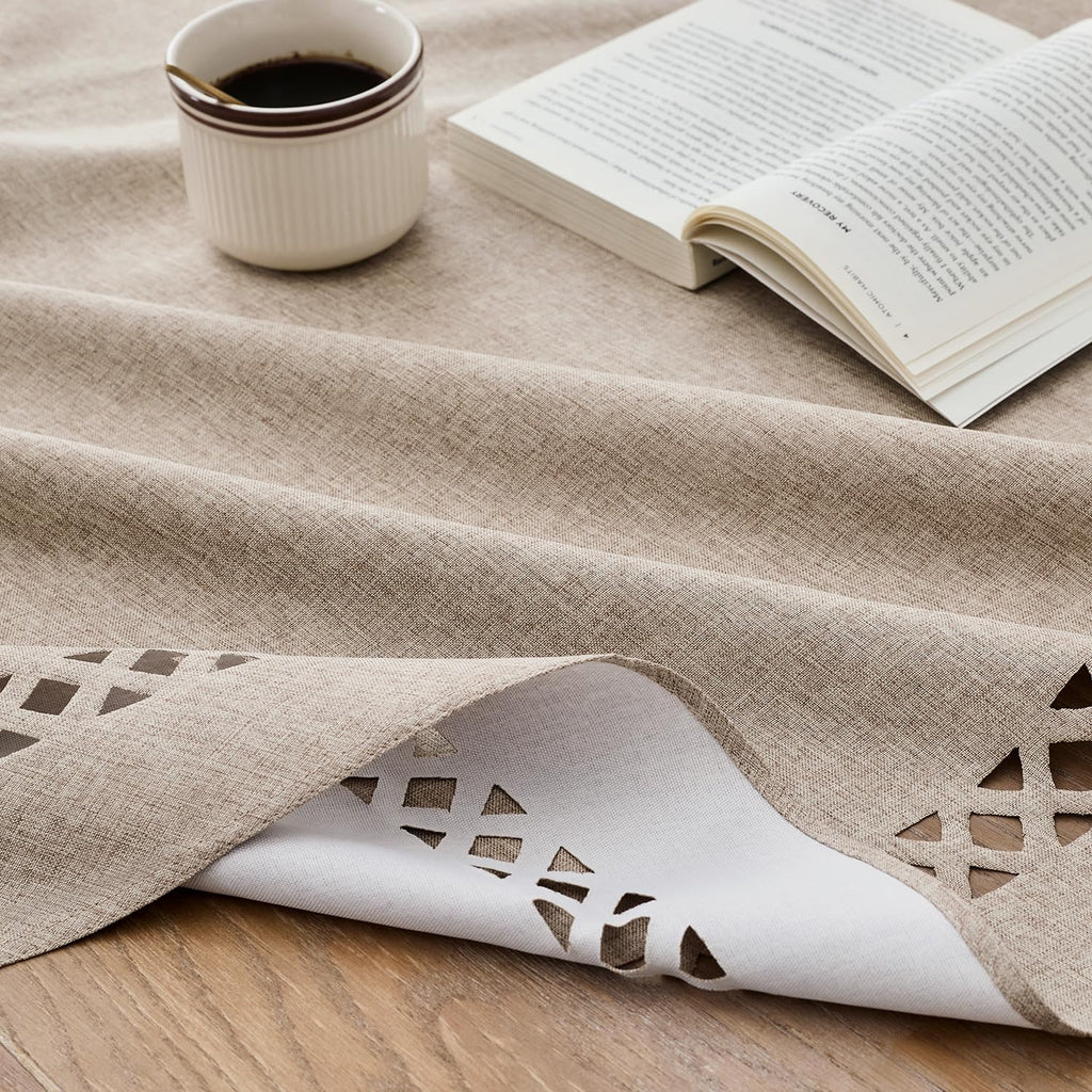 Coffee Round Linen Tablecloth with Lattice Cutwork, 55 inch Round