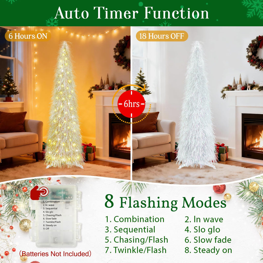 5 FT Shaggy Pop Up Christmas Tree with 50 Timer Lights, White Collapsible Artificial Tinsel Christmas Pencil Tree