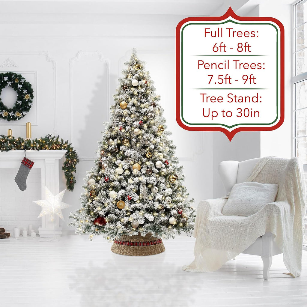 32-Inch Christmas Tree Collar, Seagrass Woven Farmhouse Tree Base Cover with Cord Cut Out, Natural