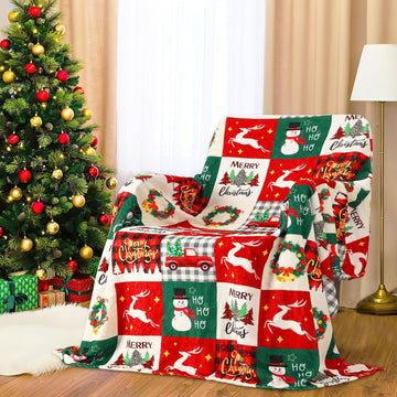 Christmas Throw Blanket Red Green Plaid Snowman Tree Couch Bed Covers