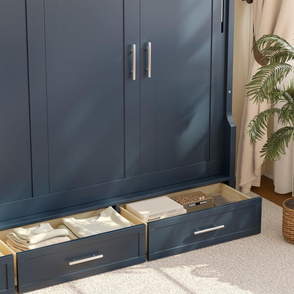 Full Size Horizontal Cabinet Murphy Bed with Side Cabinets, Blue