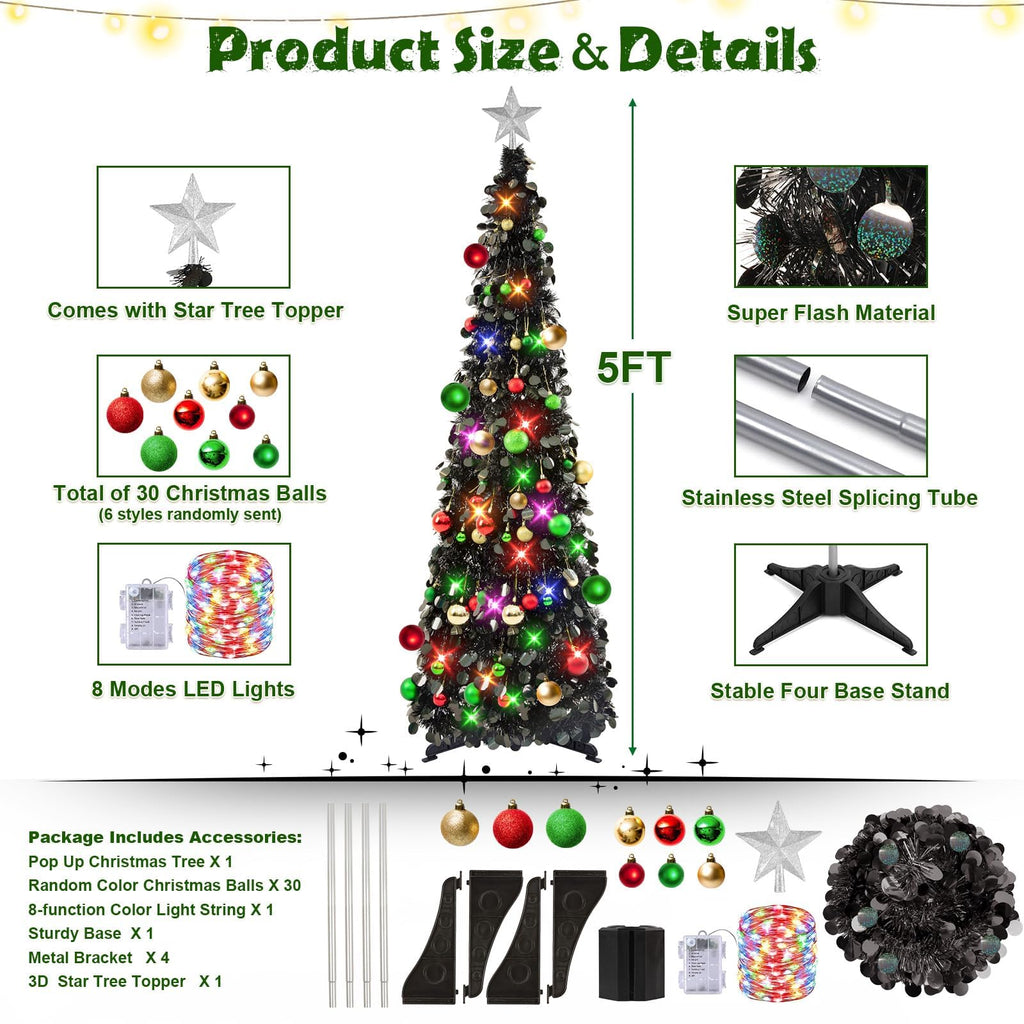 Pop Up Black Tinsel Christmas Tree, 5Ft Collapsible with Lights & 30 Balls, Skinny Christmas Tree Decor for Holiday
