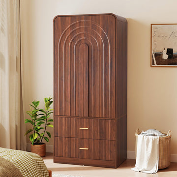 Freestanding Armoire Wardrobe Closet with Arched Fluted 2 Doors and 2 Storage Drawers, Large Capacity Wardrobe