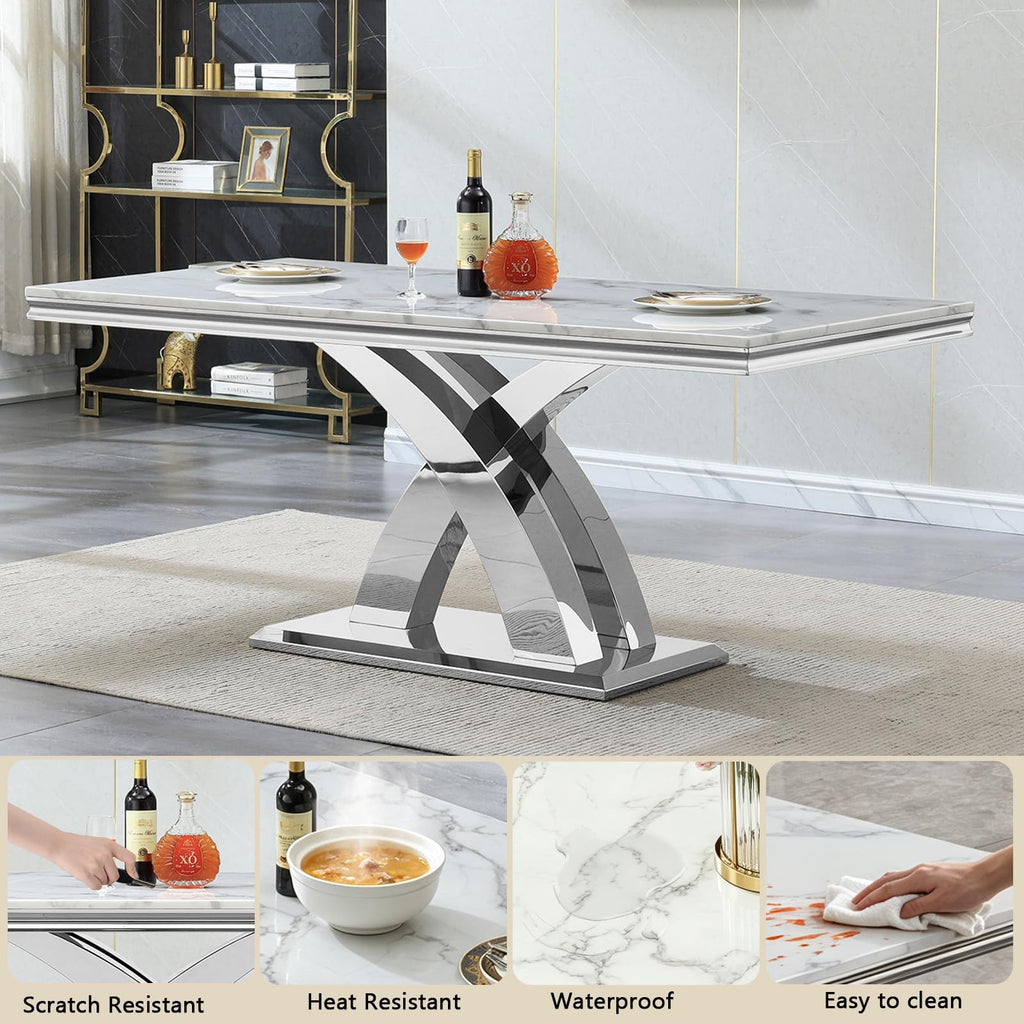68''Silver Faux Marble Dining Table Set with 6 Leather Chair