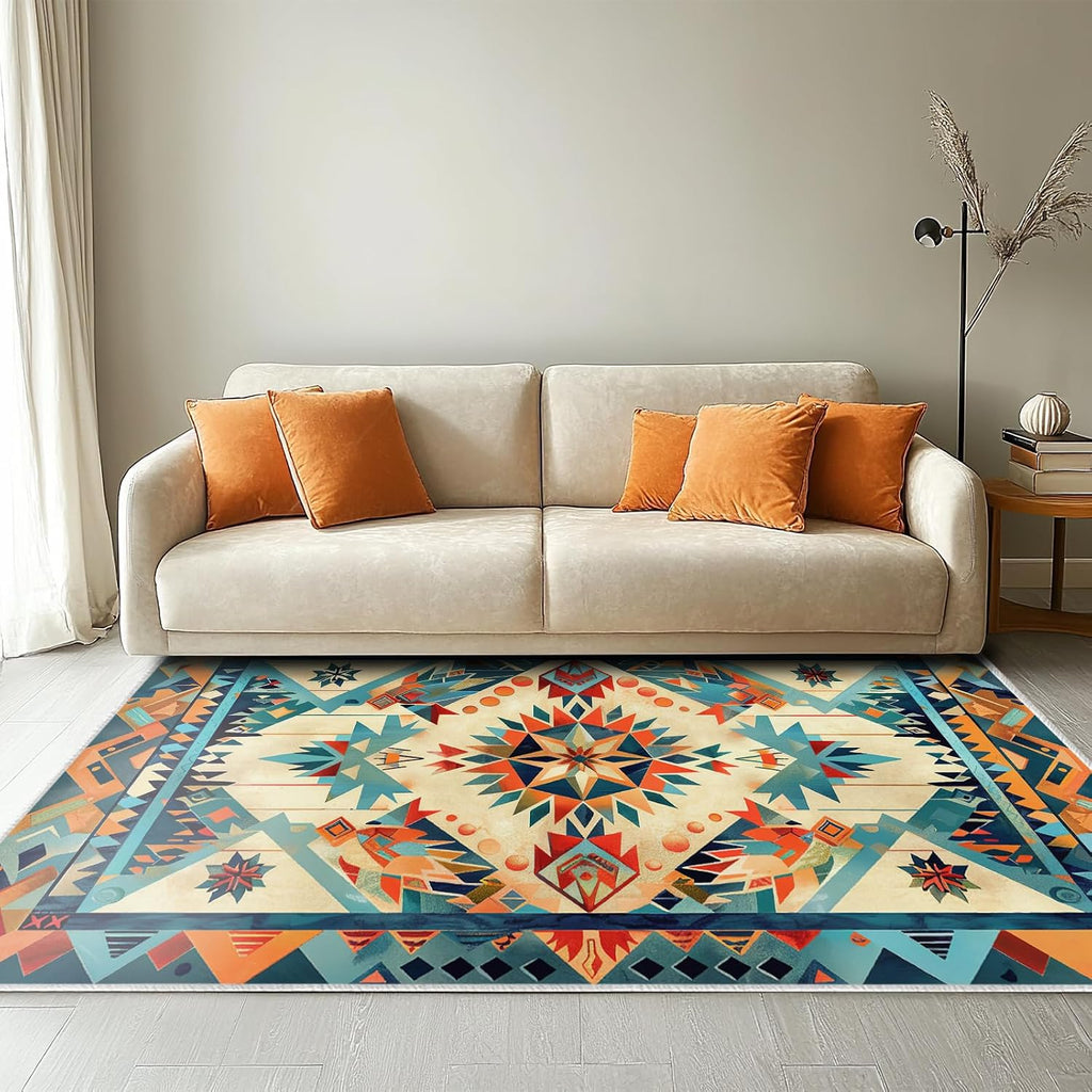 Aztec Rug Western Area Rug Southwestern Tribal Orange Blue Bedroom Ultra-Thin Soft Low Pile Large Carpet Living