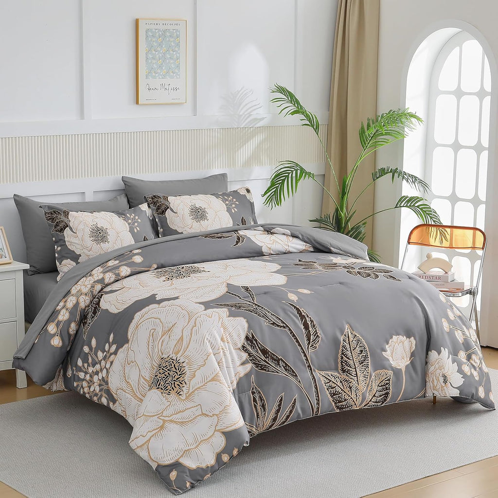 Floral King Comforter Set 7 Pieces Bed in a Bag, White Flower Print on Grey Bedding Set