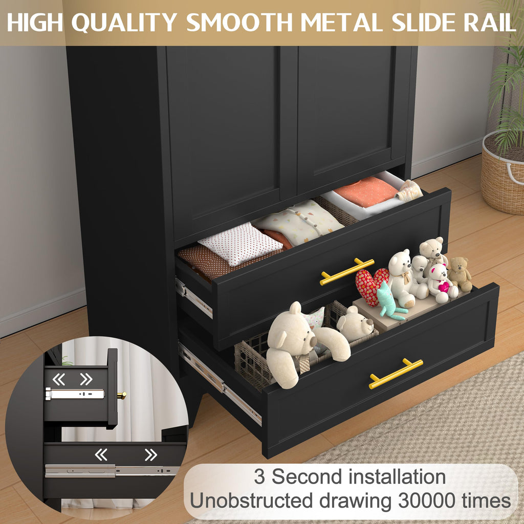 71" Metal Wardrobe Cabinet with 2 Drawers and Hanging Rod Black