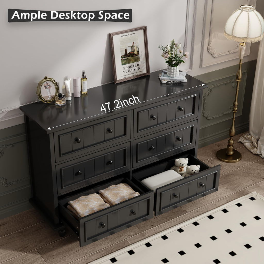 Black 6 Drawer, Vintage Chest of Drawers, 47.2'' Bedroom Cabinet