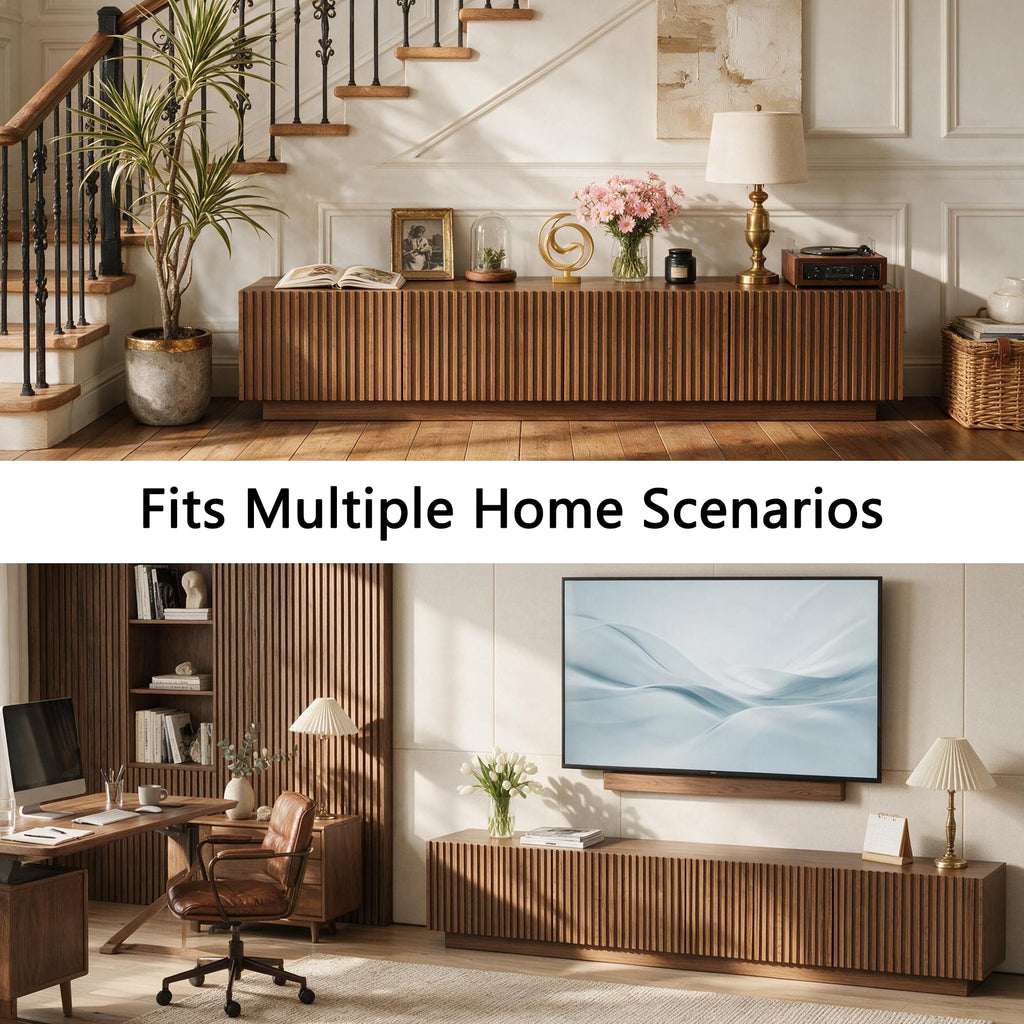 86.61" Mid Century TV Stand, Walnut Fluted Entertainment Center for 85" TV