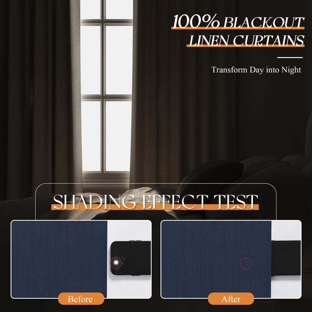 Navy Blue Linen Grommet Blackout Curtains 90 Inch Long