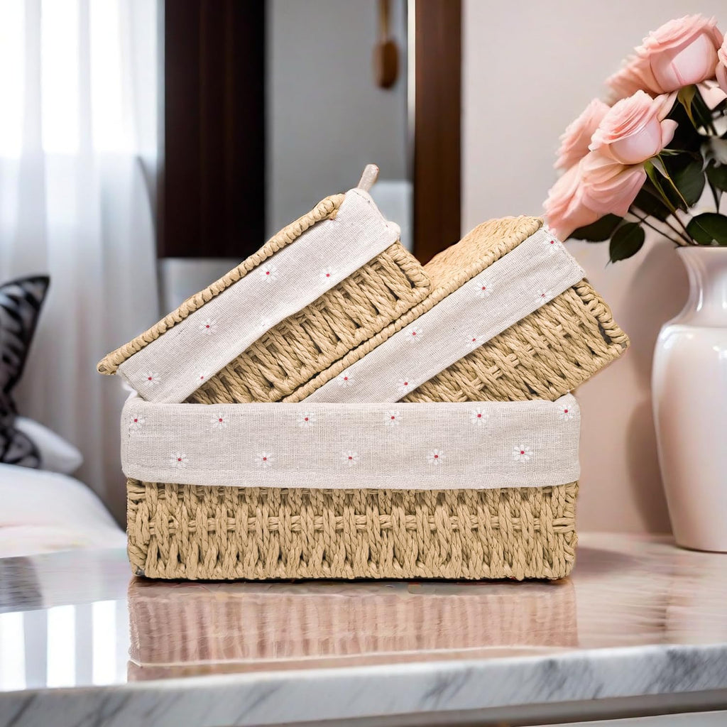 GIB Small Wicker Storage Baskets with Lid/Liner Woven Cute Decorative Boxes | Boho Paper Rope Baskets for Shelves
