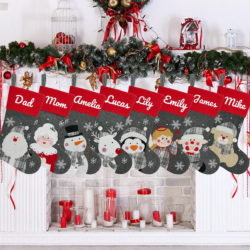18" Dia Personalized Gray Christmas Stockings with Embroidery Names, with Holders,Quality Thick Fleece - Set of 8