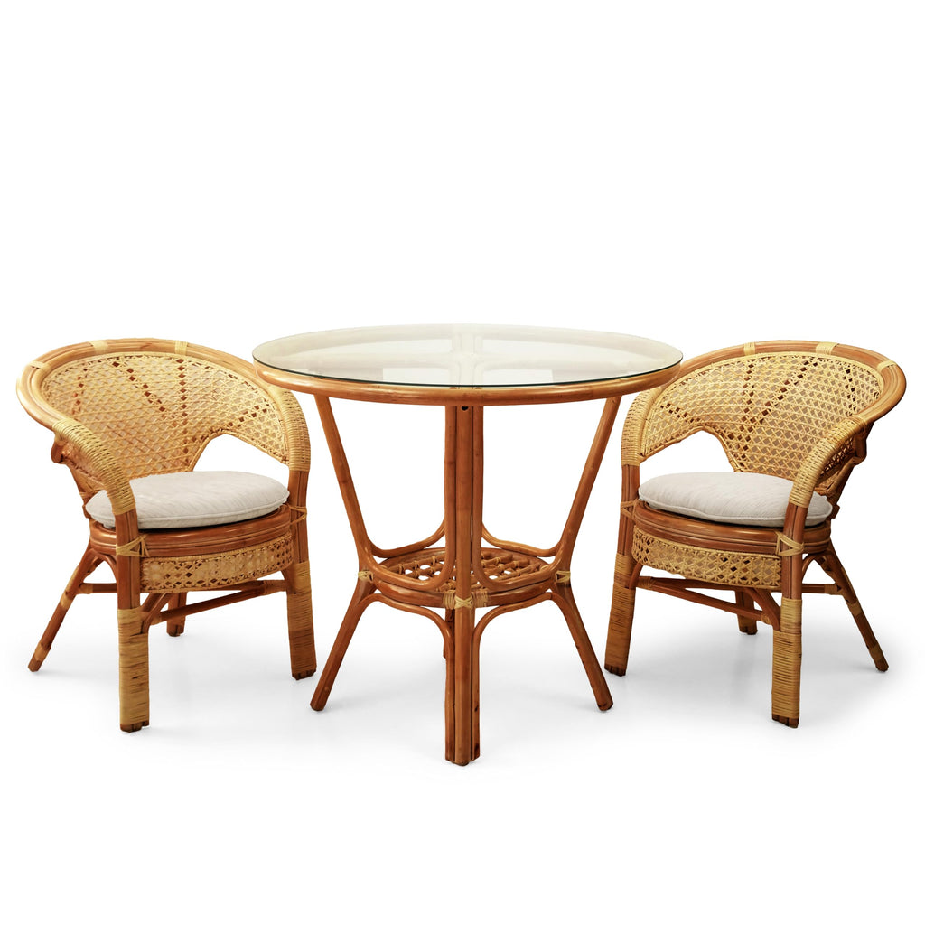 Denver Rattan Wicker Round Dining Table with Glass Top, Colonial Color
