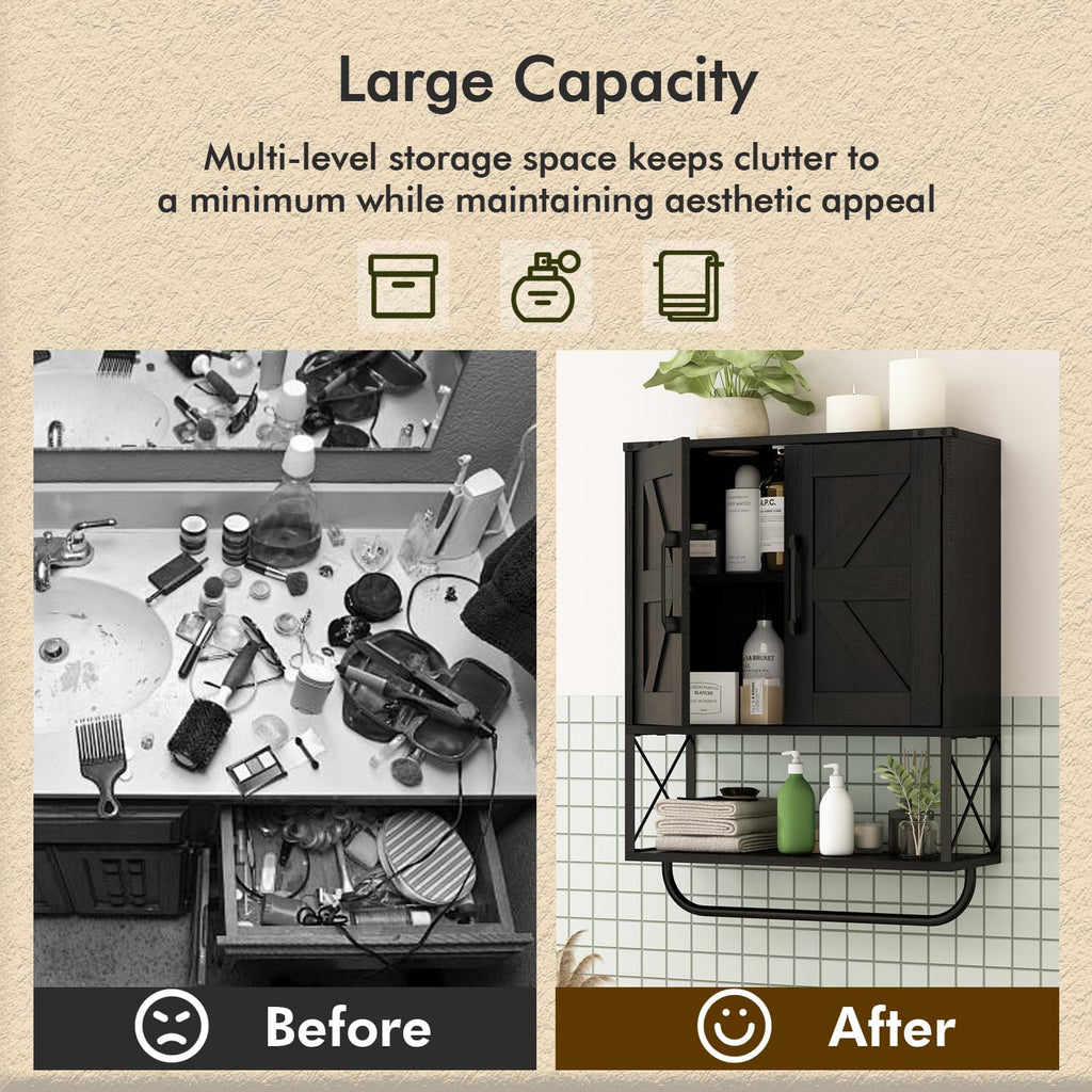 Farmhouse Medicine Cabinet with 2 Barn Door & Towel Bar Rack