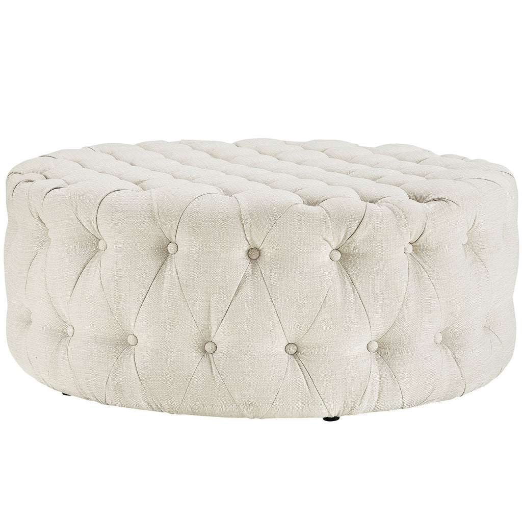 BEIAmourFabric Upholstered Button-Tufted RoundOttomanBeige