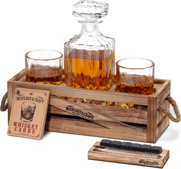 Whiskey Decanter Set - Elegant 24oz Crystal Glasses, Rustic Wood Stand, 6 Chilling Stones, Metal Tongs, Recipe Cards