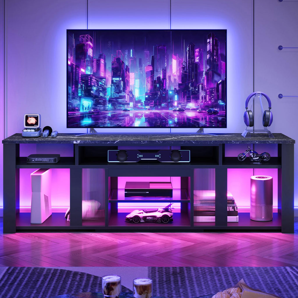 80 Inch TV Stand for 85 Inch TVs, Modern Open Entertainment Center with LED Lights & Adjustable Shelves, Media