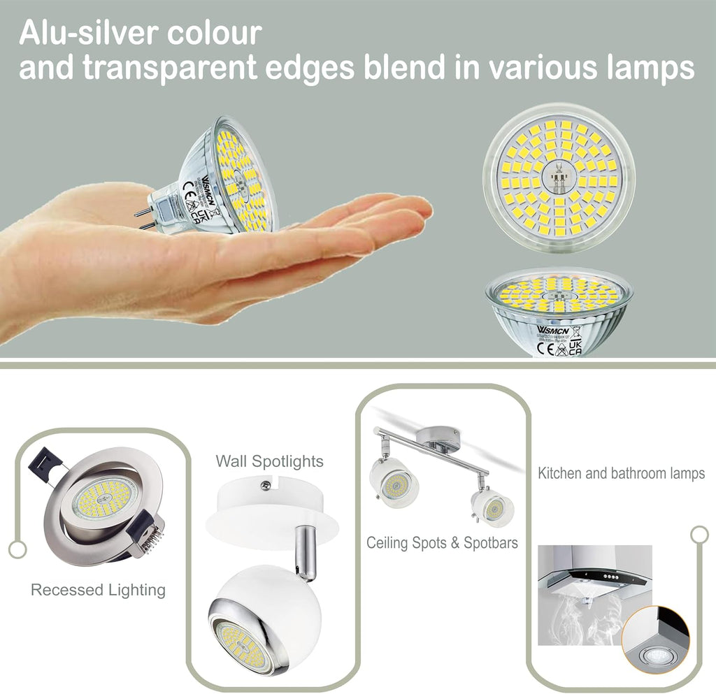 MR16 GU5.3 LED Bulbs 6W Replace 60W Halogen Equivalent 6000K Cool White 485Lm, 12V Low Voltage Non-Dimmable 120°