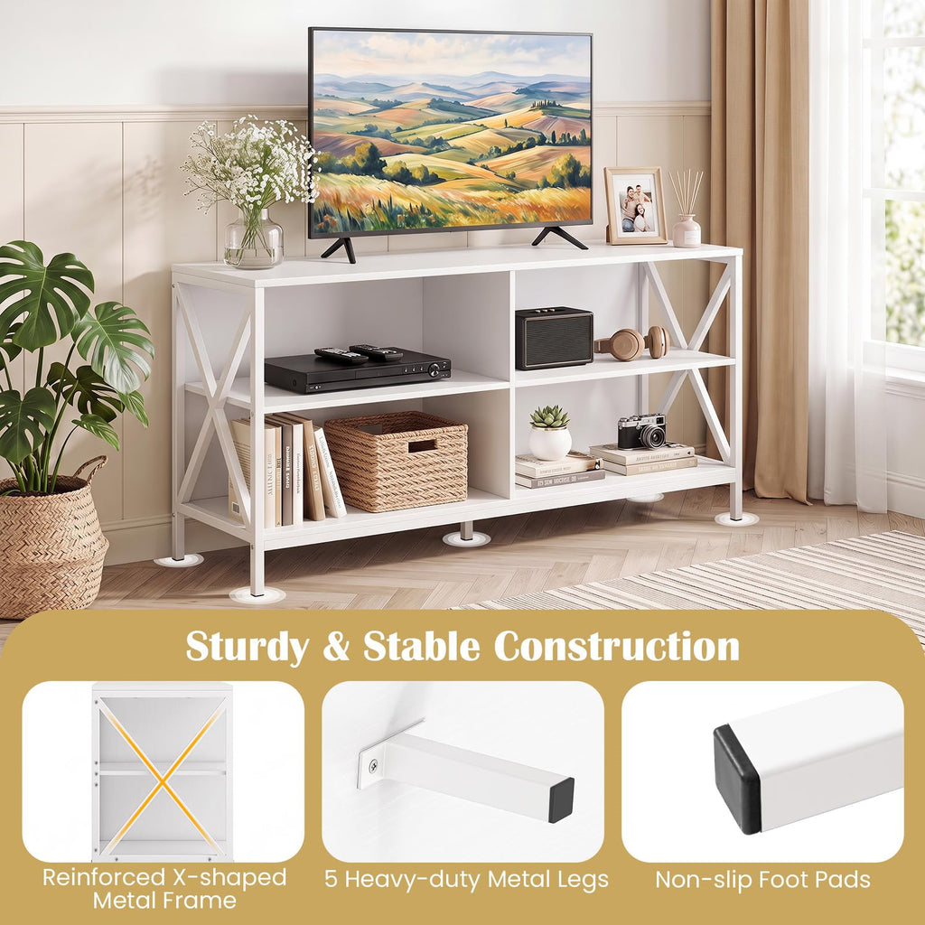 TV Stand for TVs up to 55 Inches, 47" Farmhouse Entertainment Center with 4 Open Shelves & Built-in Cable Holes, TV