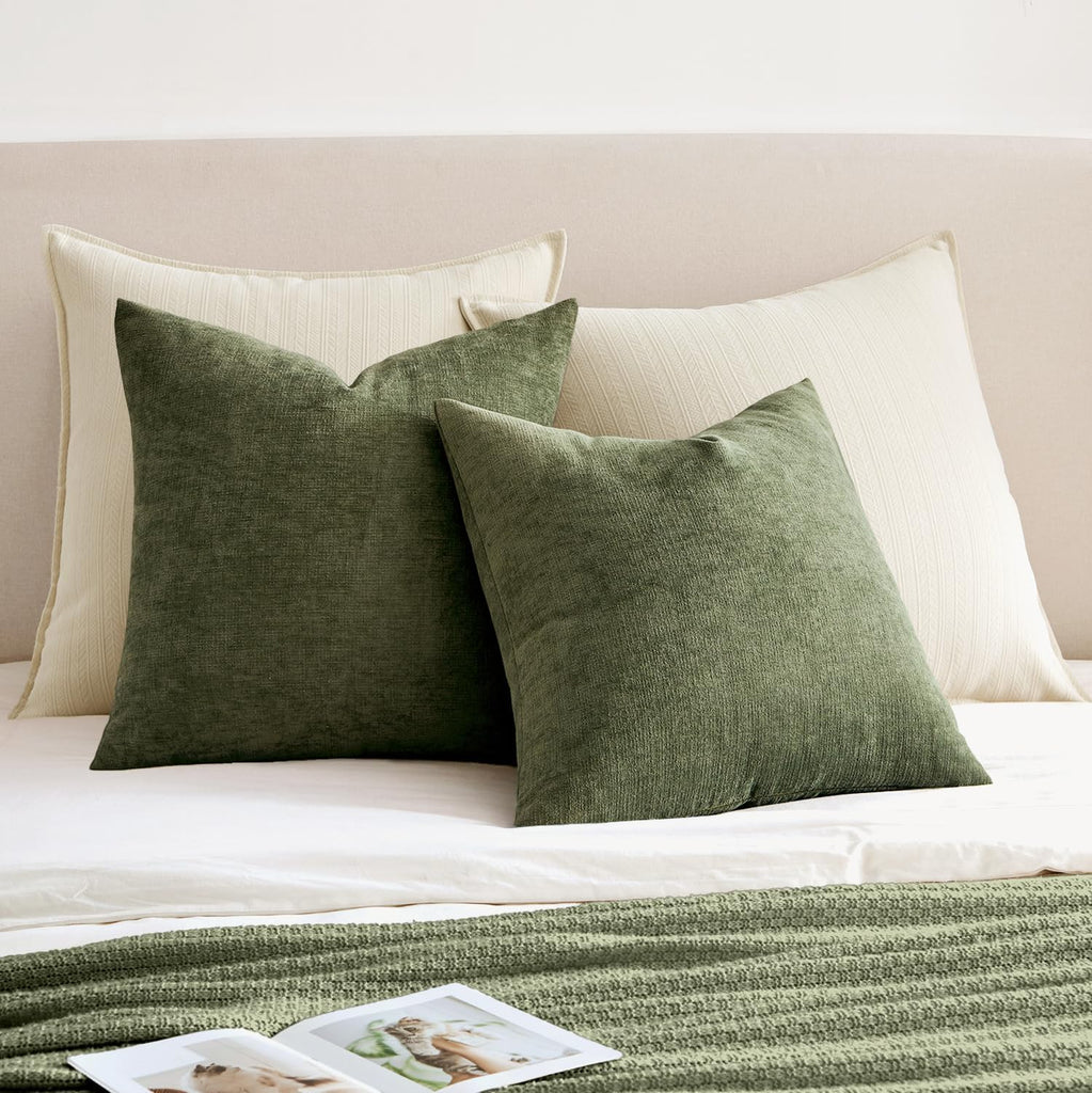 Olive Green Chenille Couch Throw Pillow Covers, 16x16