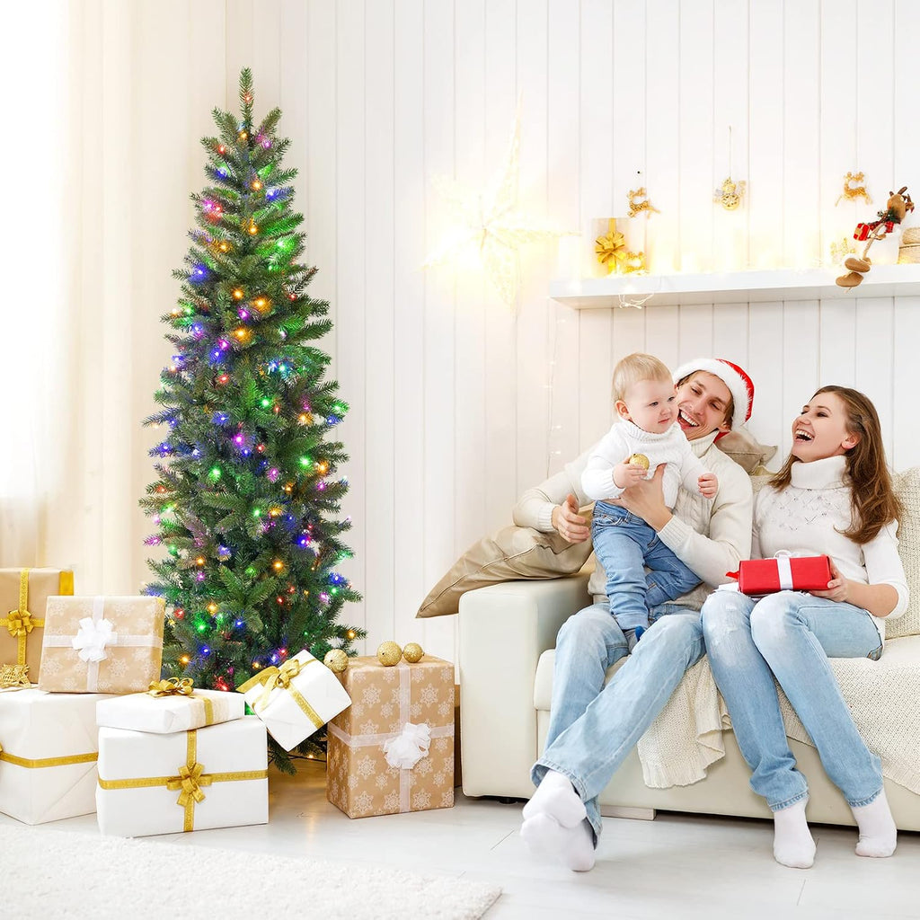 Pre-Lit Pencil Christmas Tree, Hinged Artificial Slim Tree with 648 PVC PE Branch Tips, 270 LED Lights, Life-Like