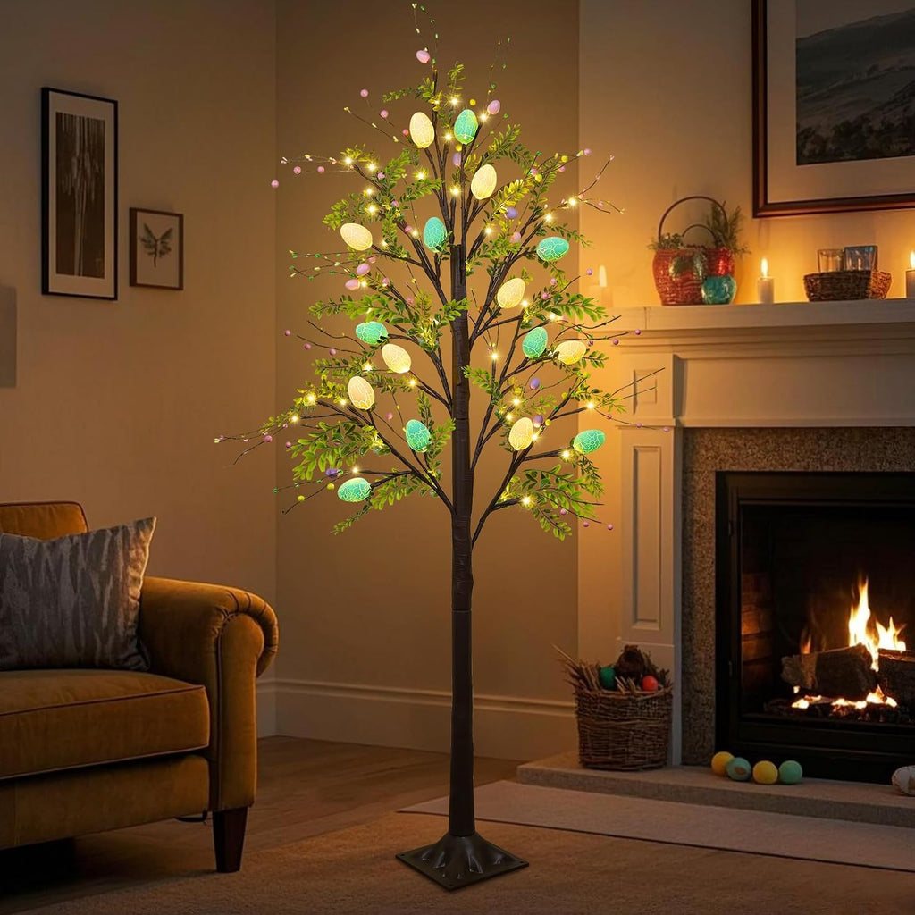 5FT Lighted Easter Tree with Timer, Easter Decorations & Porch, Pre-Lit Egg Trees with LED Lights & Colorful Eggs