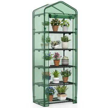 Mini Greenhouse Indoor Outdoor, 27" x 19" x 75" Portable Plant Grow House with 5 Tier Shelves, PE Cover, Roll-Up