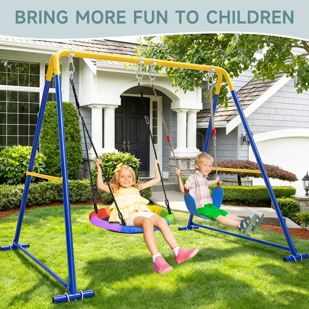 2 in 1 Swing Set for Backyard, Platform & Belt Swing, 440lbs(Blue)