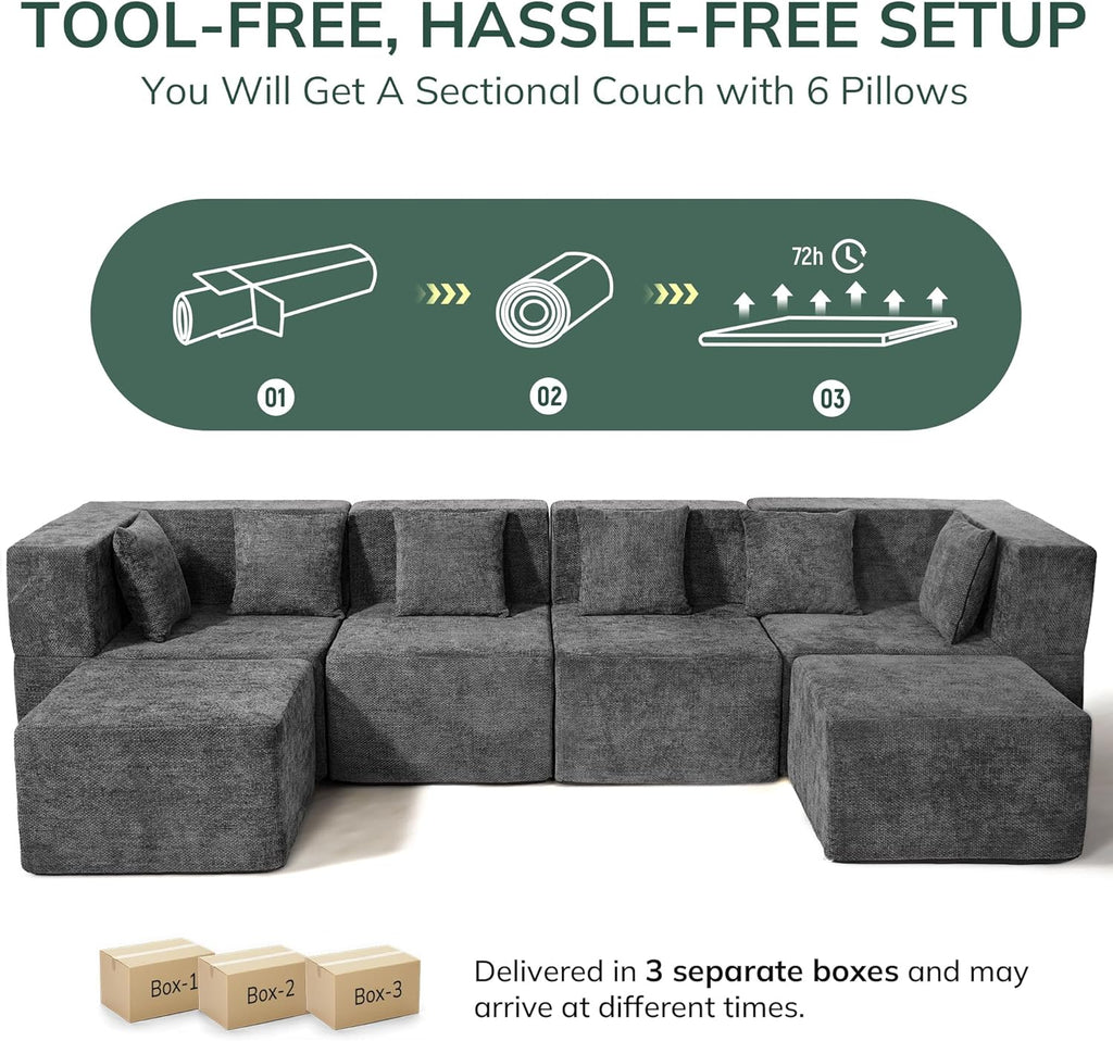 Modular Sectional Cloud Couch - 130'' 6 Seater Convertible Chenille Couches Set with Ottoman, No Assembly Compression
