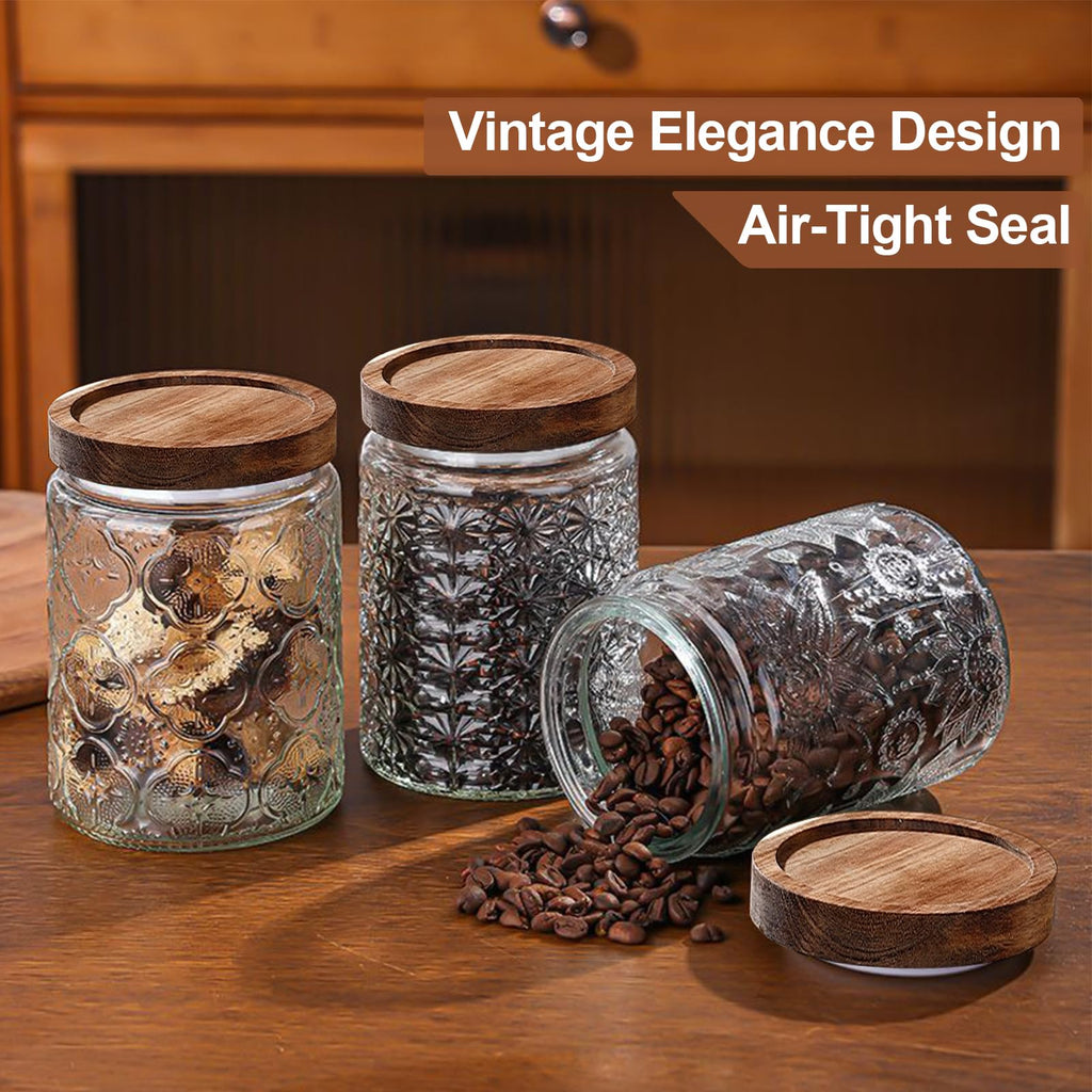 4-Pack 24 OZ Vintage Glass Jar with Lid, Airtight Food Storage Canisters with Bamboo Counter Pantry, Ideal for
