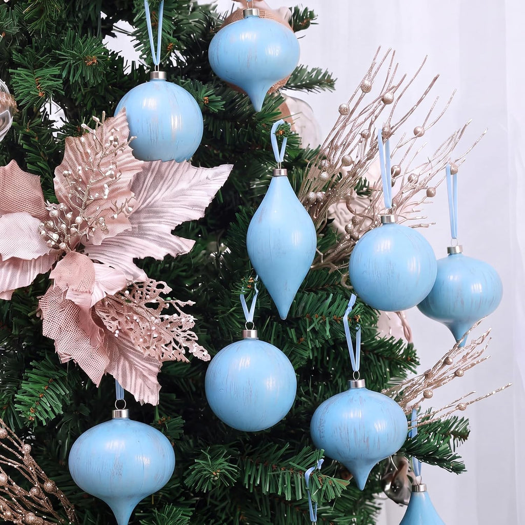 Farmhouse Christmas Ball Ornaments, Baby Blue - Set of 12