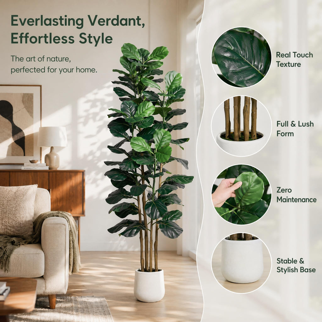 6FT Faux Fiddle Leaf Fig Tree with White Planter Pot, Fake Tree with 4 Trunks, Faux Floor Plant, Indoor and Outdoor