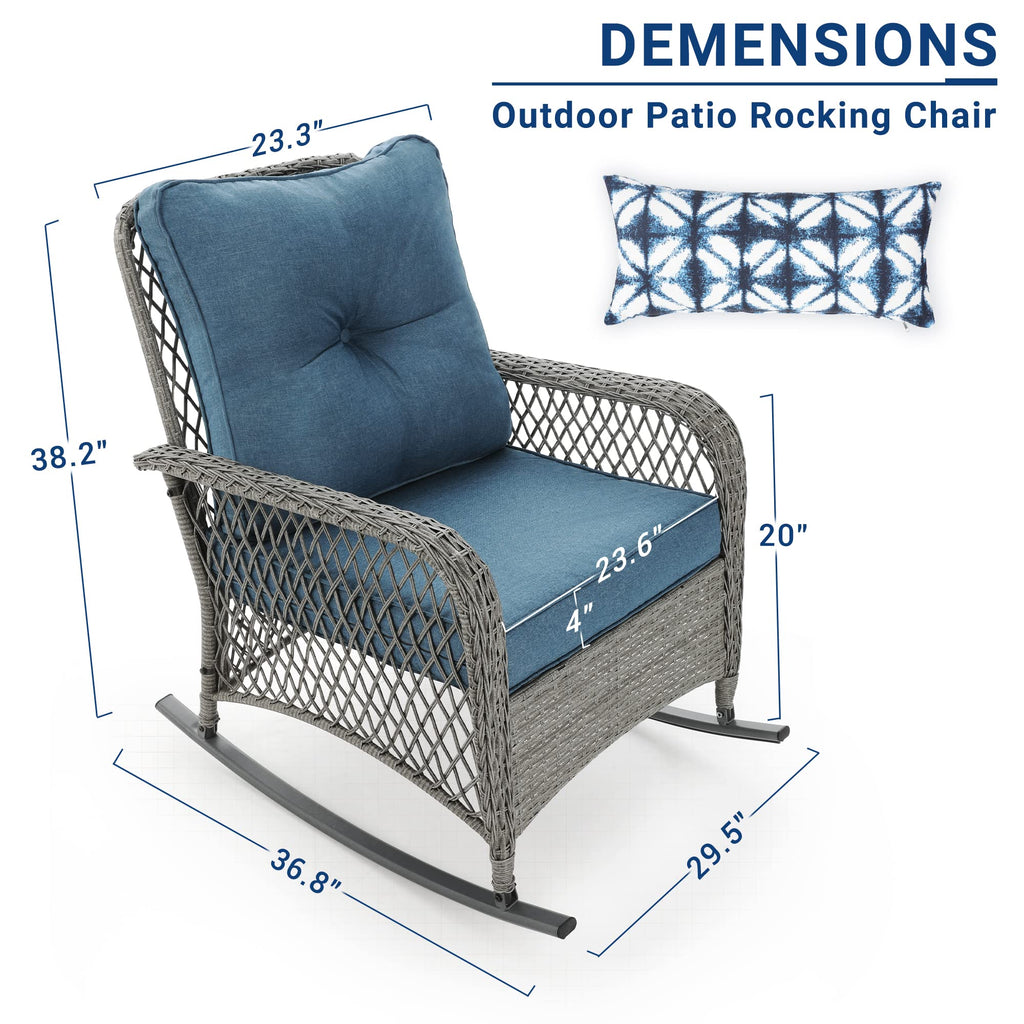 Rocking Outdoor Chair Patio Wicker Chair with Cushions, Lumbar Pillow for Porch Backyard, Porch, Balcony