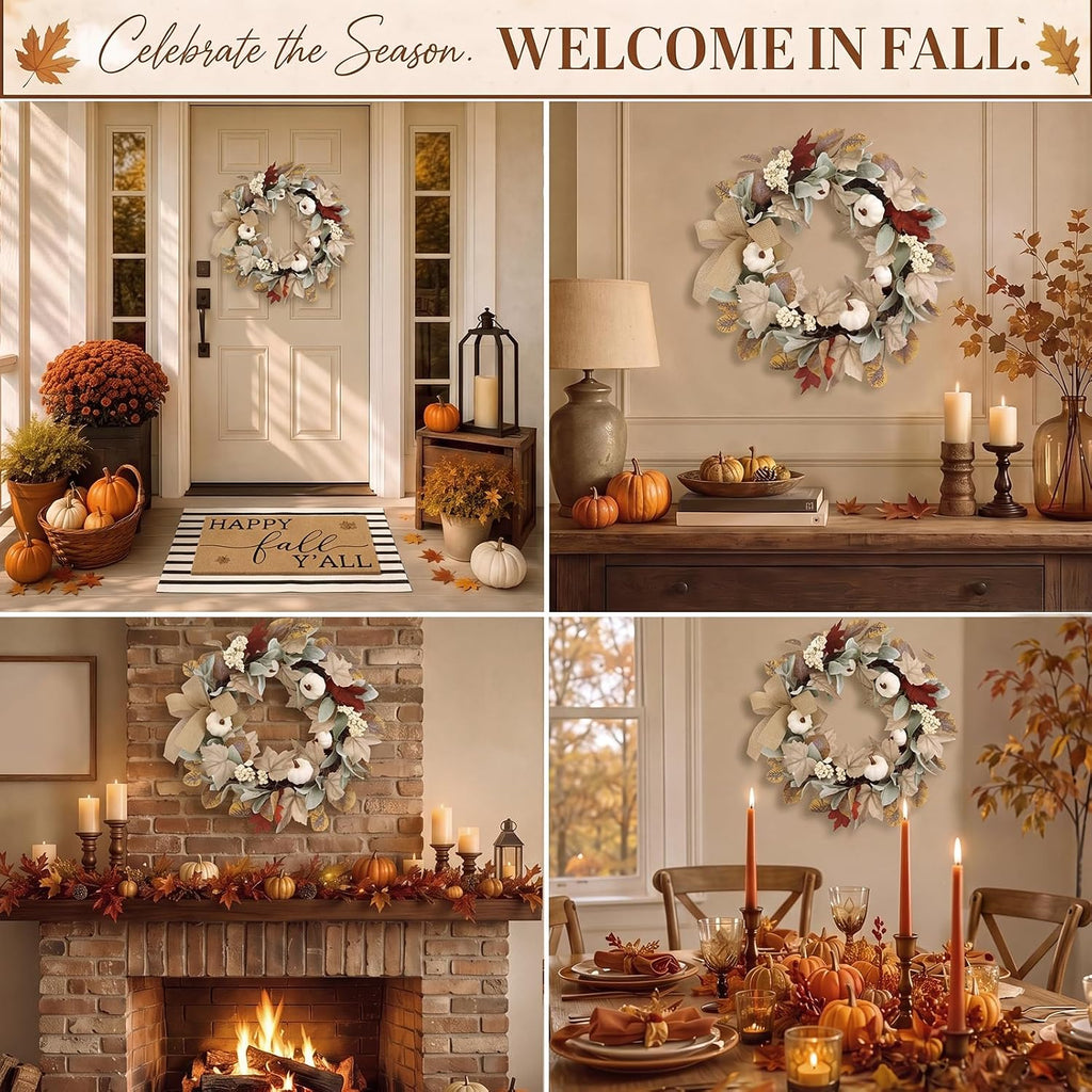 Front Door Mat Wreath Set, 3 Pcs, for Porch, 29.9'', Fall Leaf | Leaf Pumpkin Black Farmhouse Faux Coir Doormat