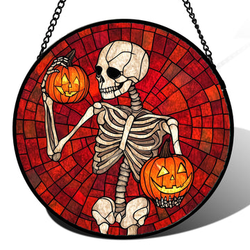 Skeleton with Pumpkins Stained Glass Window Hanging Suncatcher Gifts 6.3"