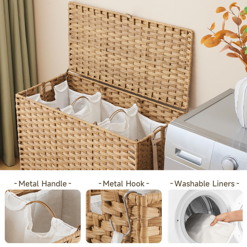 Laundry Hamper with Wheels, 52.8 Gallon(200L) Rolling Laundry Basket with Lid, 3-Section Rattan Clothes Hamper with 3