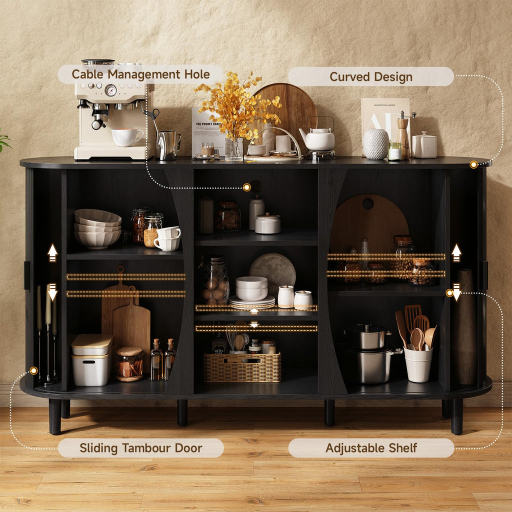 59" Curved Sideboard Cabinet with Storage Adjustable Shelf Black