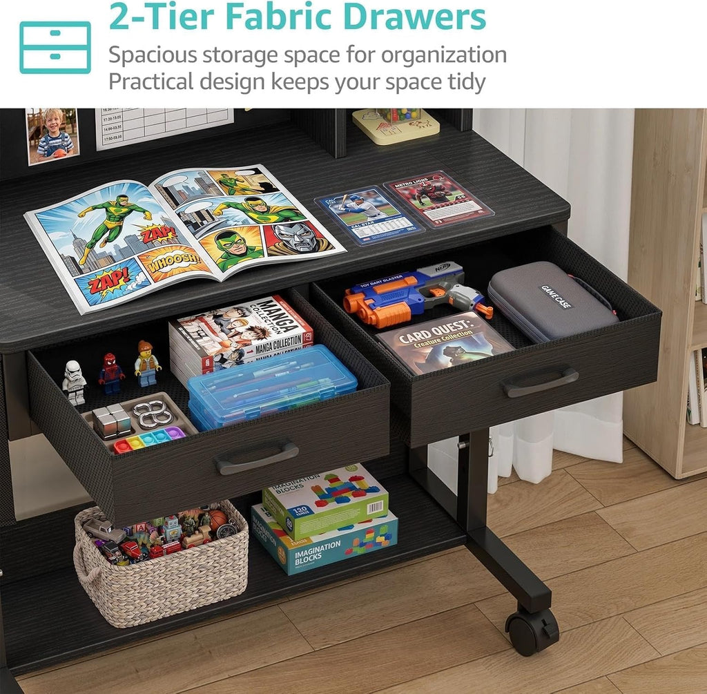 Black Mobile Kids Desk - 32" Height Adjustable Study Table with Hutch