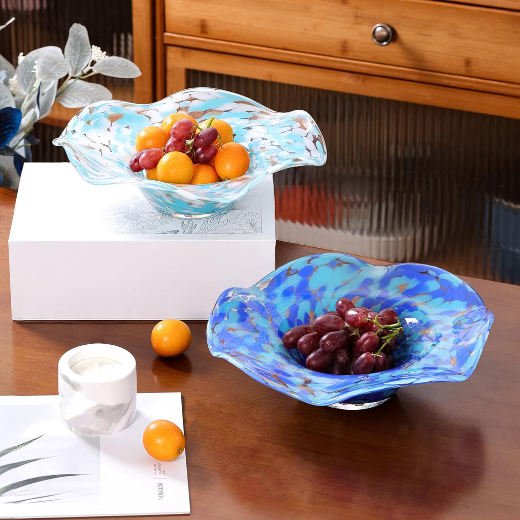 Hand Blown Murano-style Art Glass Bowl, 10.2-Inch Large Decorative Centerpiece for Table, Cobalt Blue Fruit Display &