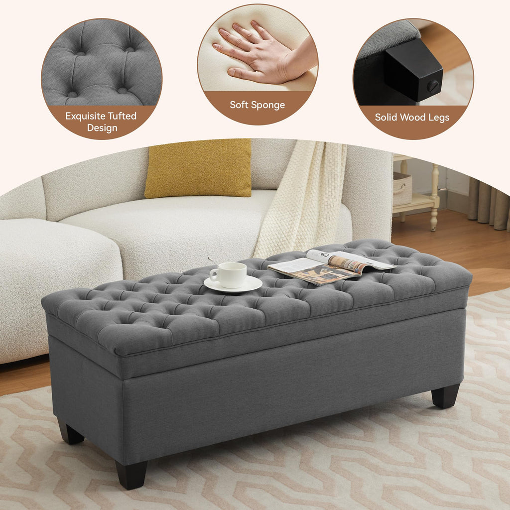 50" Fabric Storage Ottoman Bench, Upholstered Rectangle End of Bed Storage Ottoman Tufted Living Room Bedroom Bench