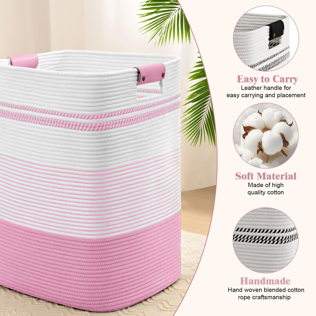 Laundry Hamper, 85L Tall Laundry Basket with Leather Handles, Rectangle Large Clothes Hamper for Organizing, Cotton