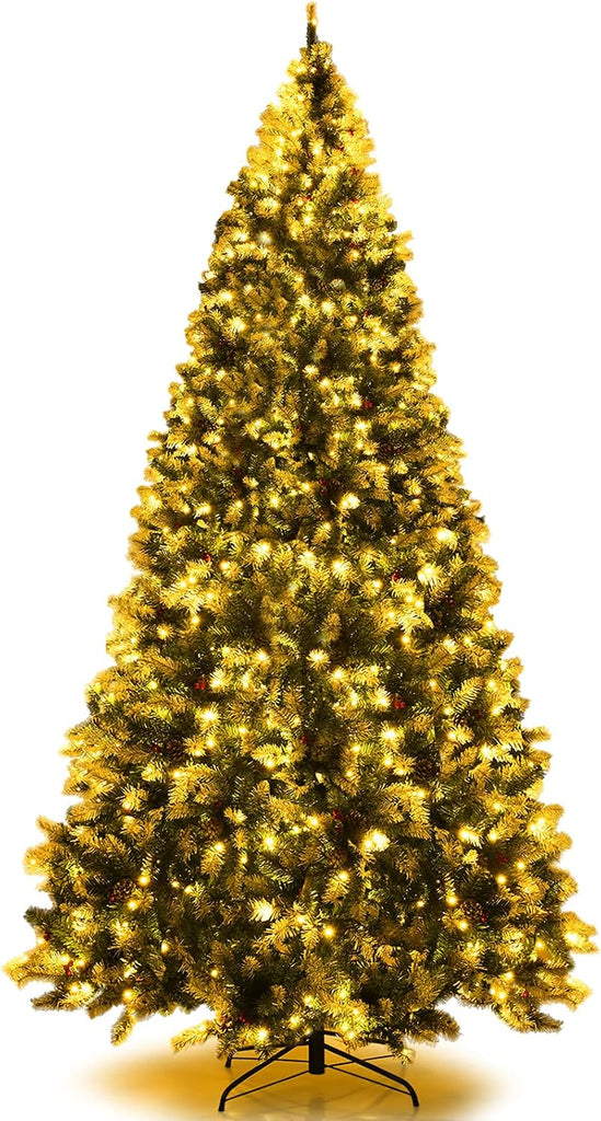 Pre-lit Artificial Christmas Tree, Hinged Snow Flocked Xmas Tree w/Pine Cones, Red Berries & 900 LED Lights, 8