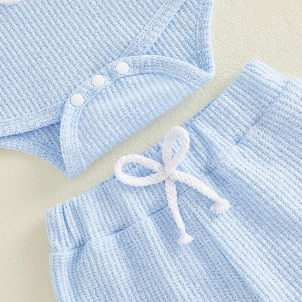 Waffle Knit Baby Boy Clothes Letters Embroidered Romper Pants Set