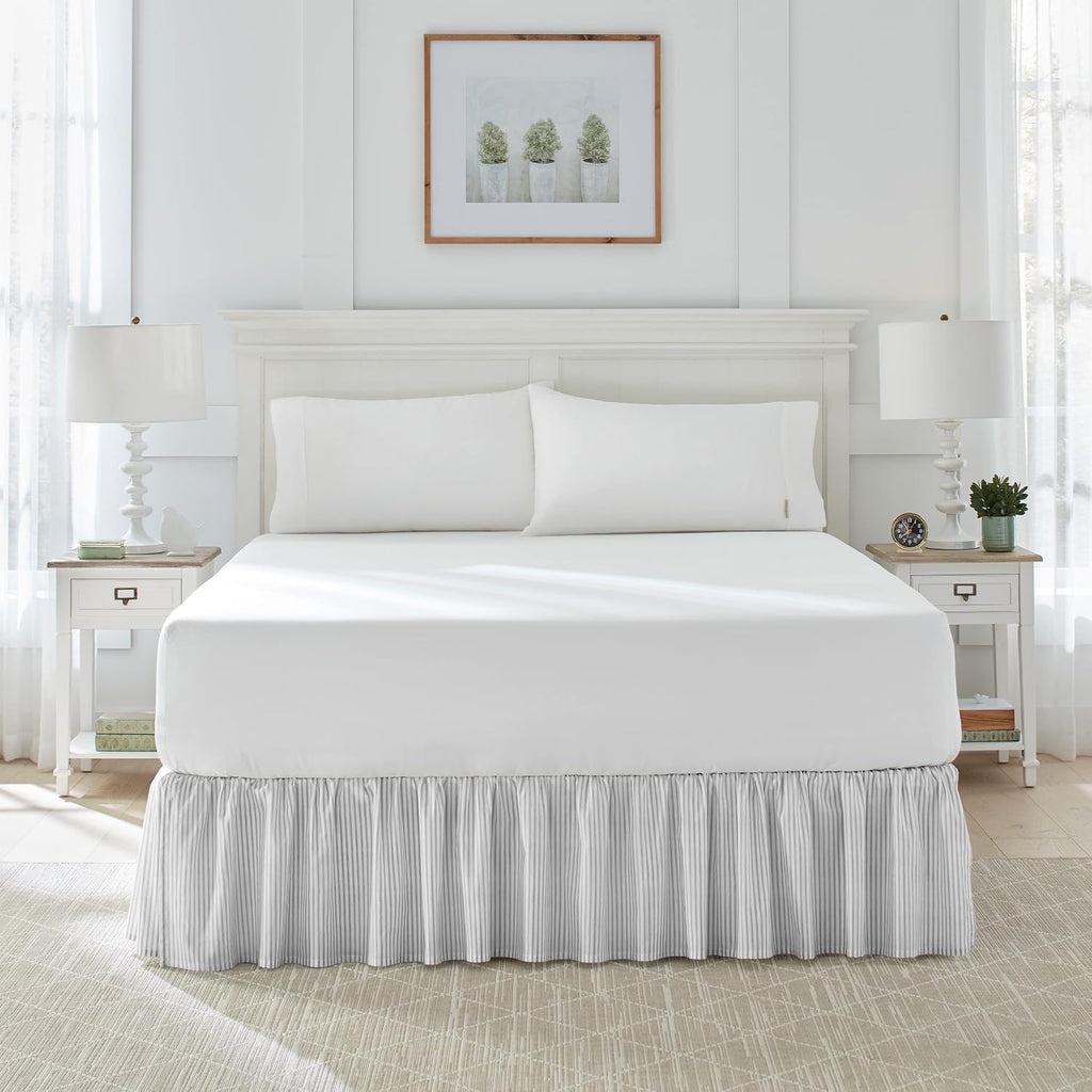 Home - Cotton Ruffled Bedskirt, Lightweight & Classic Style (Ticking Stripe Grey, Queen)