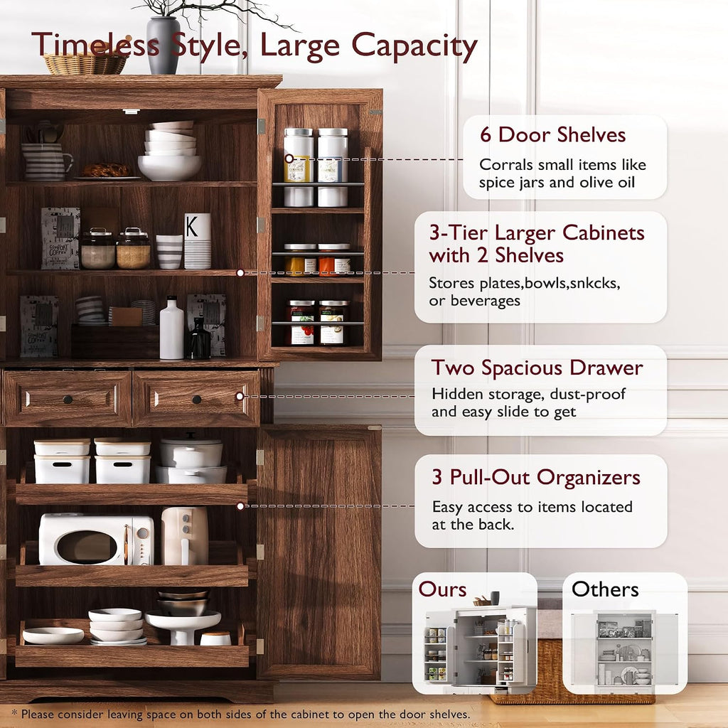 71" Tall Farmhouse Pantry Cabinet with Pull-Out Shelves, Brown | Farmhouse Pantry Cabinet, Pull-Out Organizers, Door