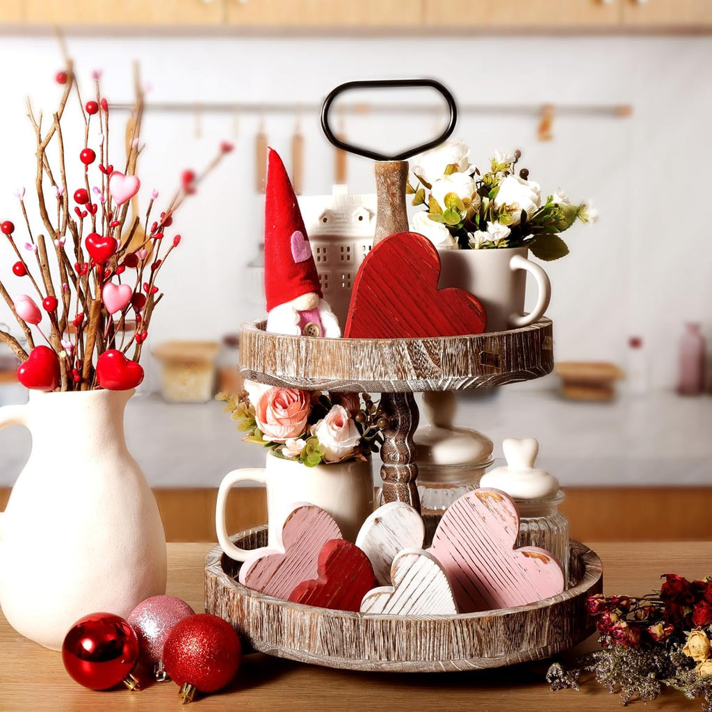 Valentines Day Tiered Tray Decor: Red Pink White Rustic Distressed Wood Heart Table Decorations Sign, Vintage - Set of 6