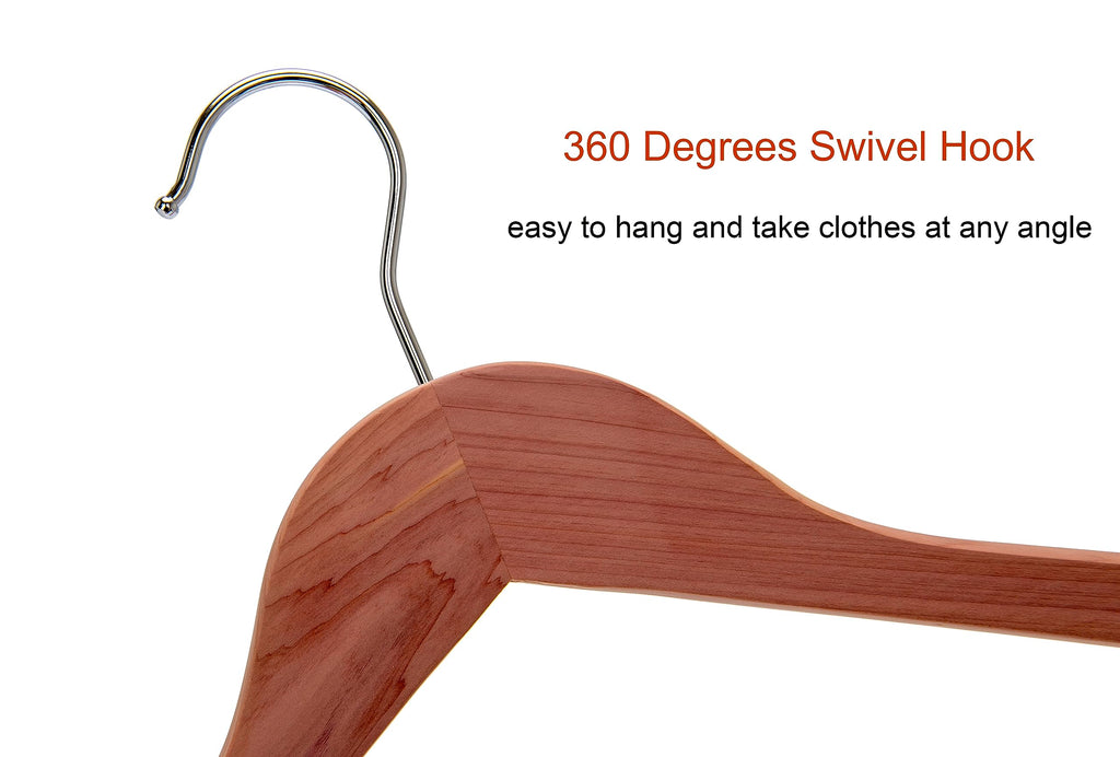 American Red Cedar Wooden Coat Suit Hangers, Wood Skirt Dress Hangers, Smooth Cut Notches- 360°Flexible Hook- Solid